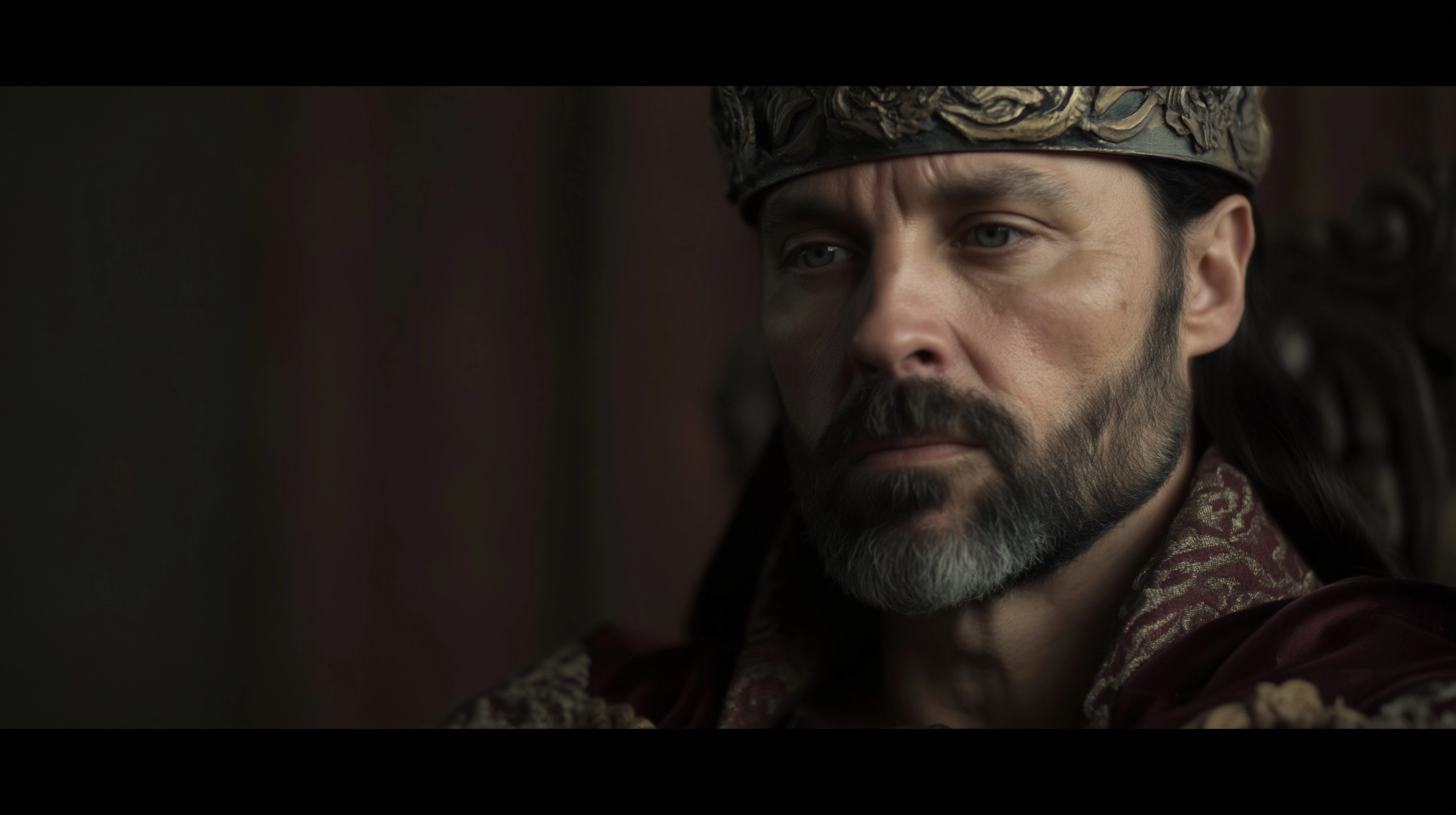 A weary emotionally exhausted king in his late 40s, sharp aristocratic face, pale skin