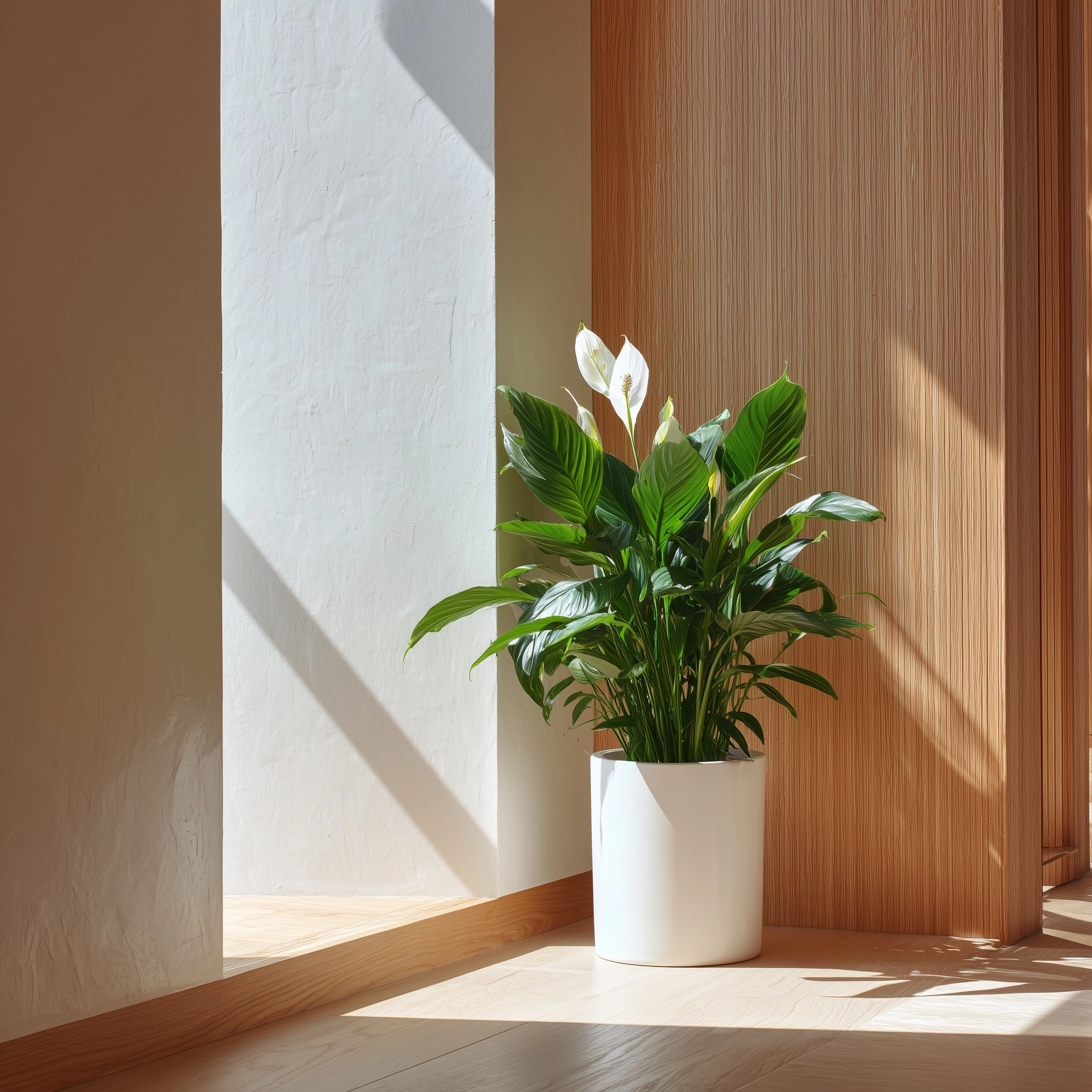 A white pot of Spathiphyllum in a modern house corner. the house is all white color.