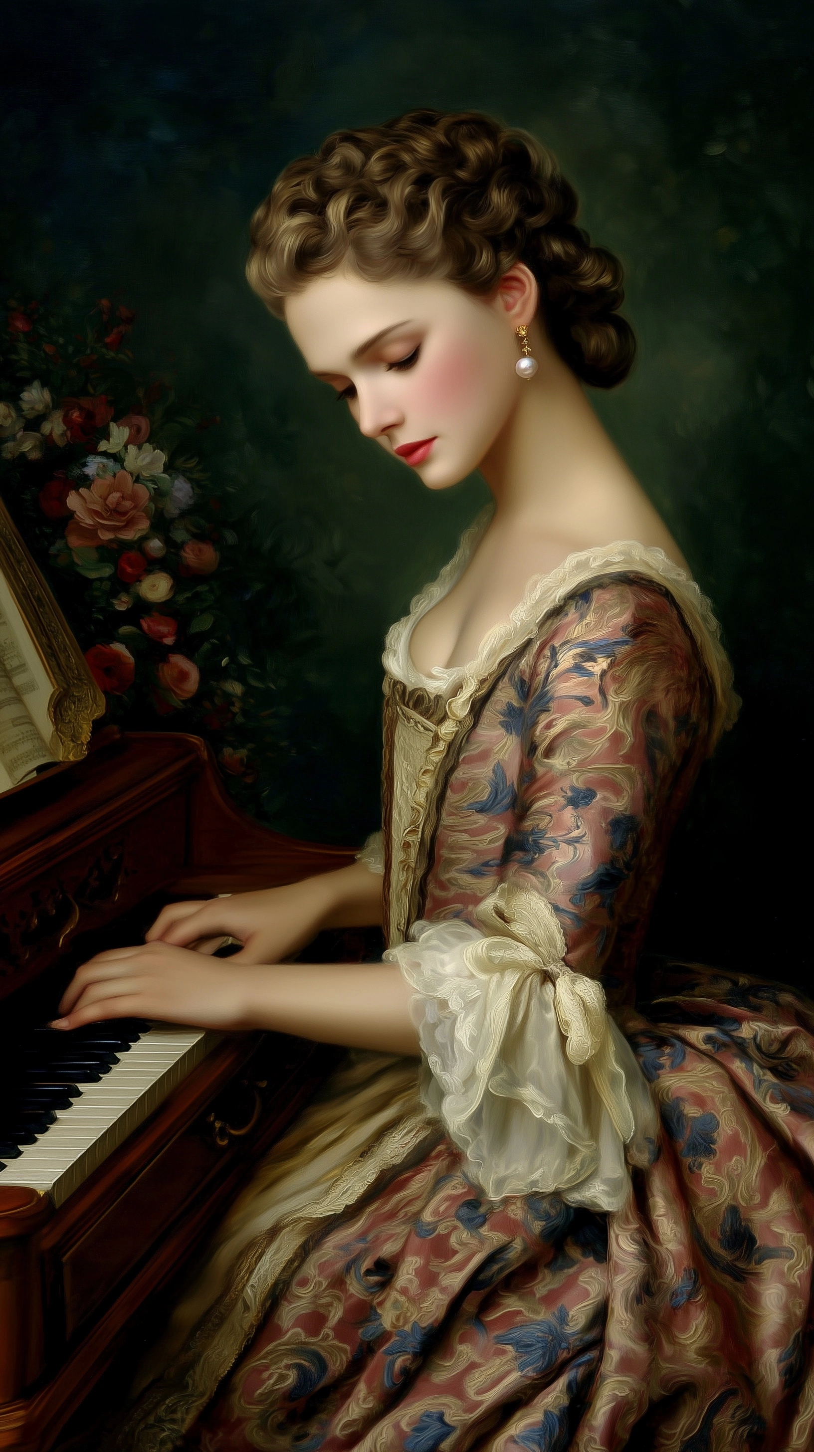 A woman in 1700s playing a harpsichord