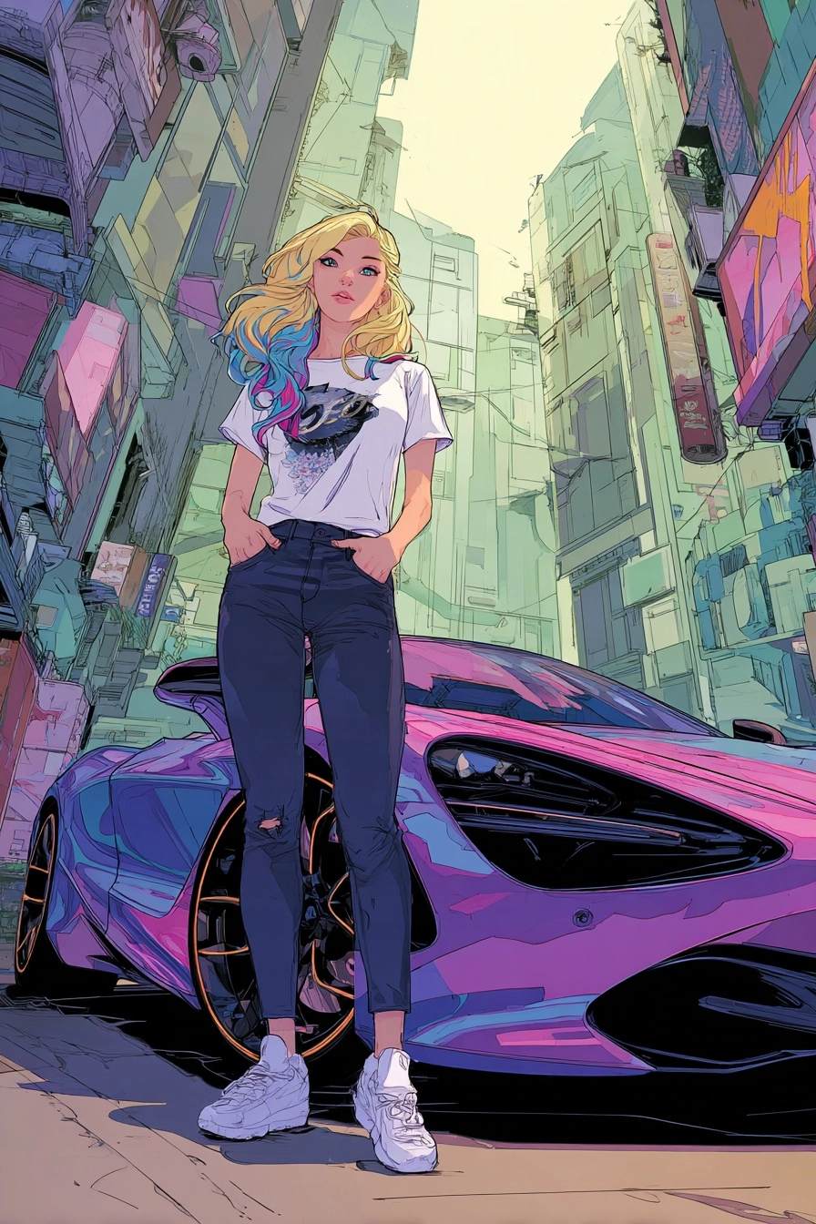 A young woman with blonde hair and blue-pink streaks, wearing black jeans and a white t-shirt