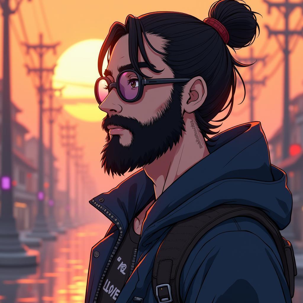 Bearded Cyberpunk Dreamer in Ghibli Vaporwave