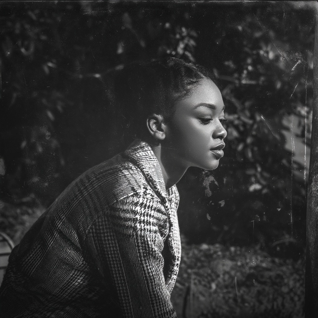 Black and white photo, lonely young black woman man, looking sad, distraught, lost, moody, gritty