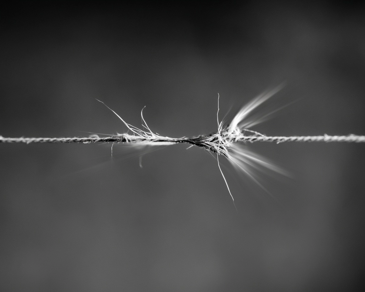 Black and white surreal close-up of a taut thread stretched across the frame snapping mid-air