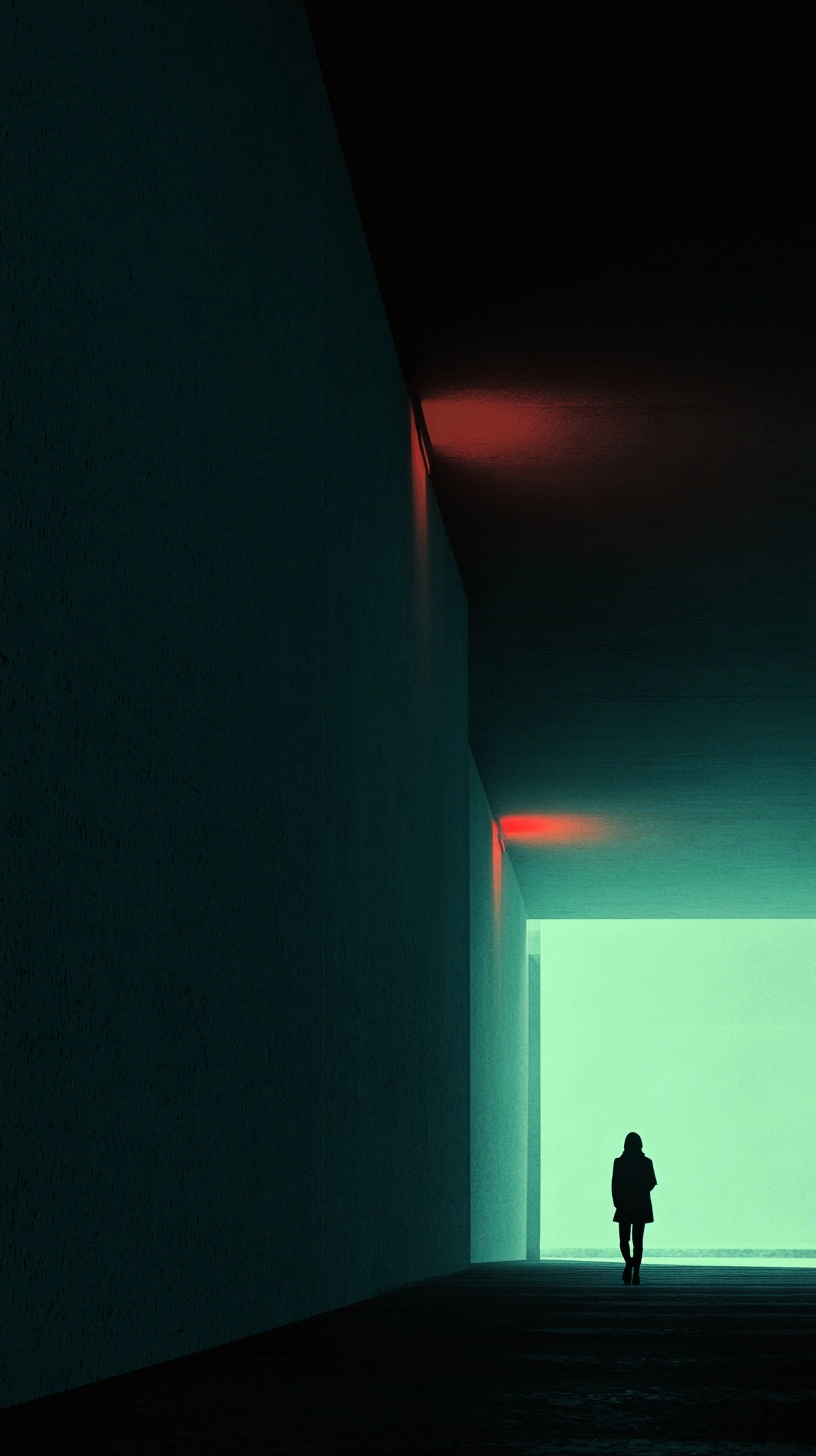 Minimalist graphic book cover, woman walking alone through a darkened parking garage
