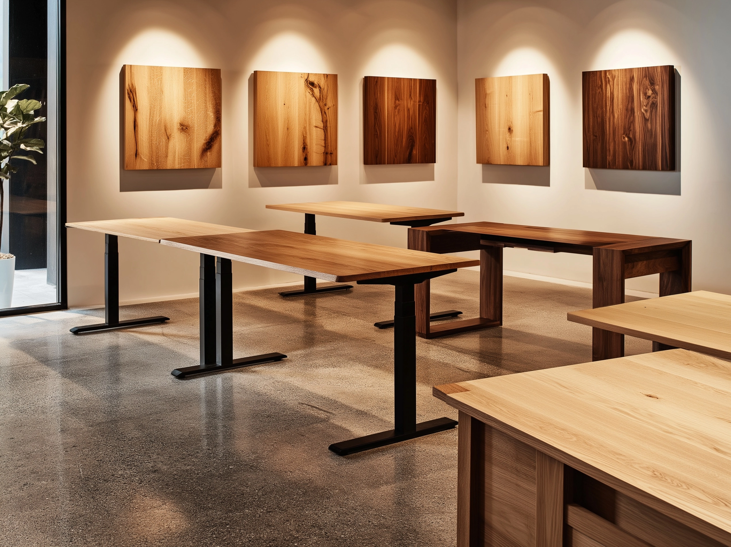 Close-up interior of a premium wood furniture showroom, multiple desk configurations on display
