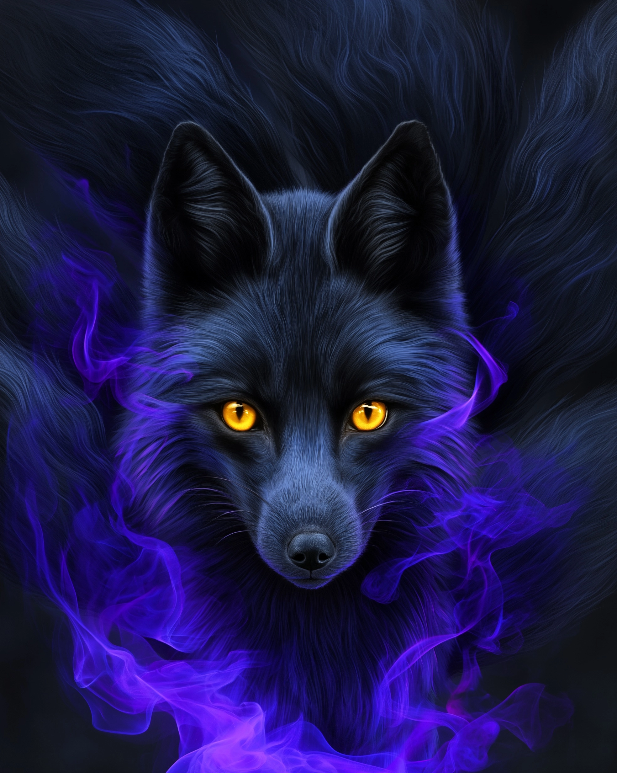 Close up portrait of a shadow kitsune, nine dark tails fanning behind as a dramatic backdrop