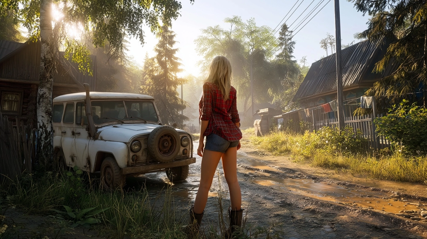 Game screenshot. A blonde girl in a red plaid shirt and shorts is standing with her back to the came