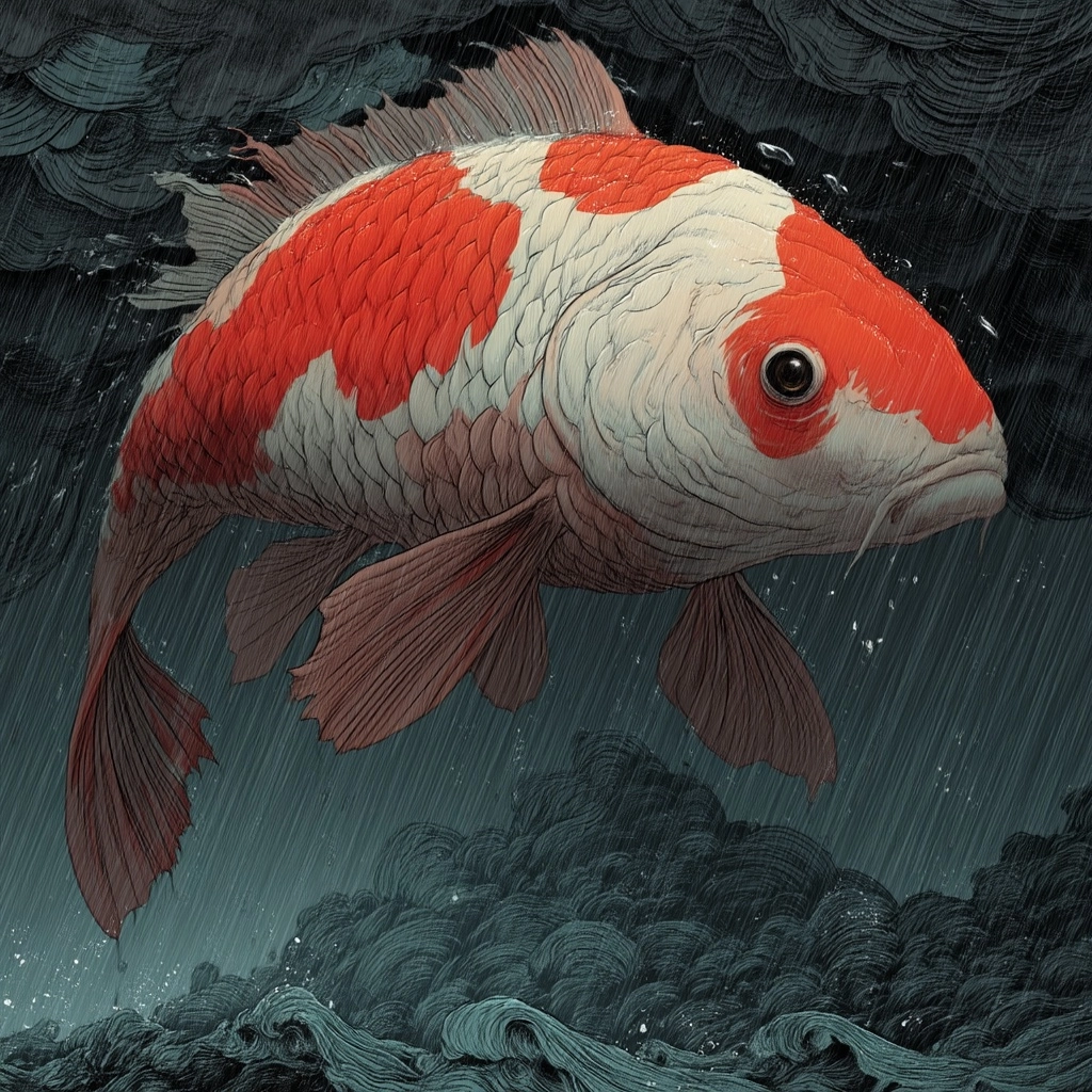 Koi , monster, monster design, rain, tempest, storm, powerful, imposing, creature design