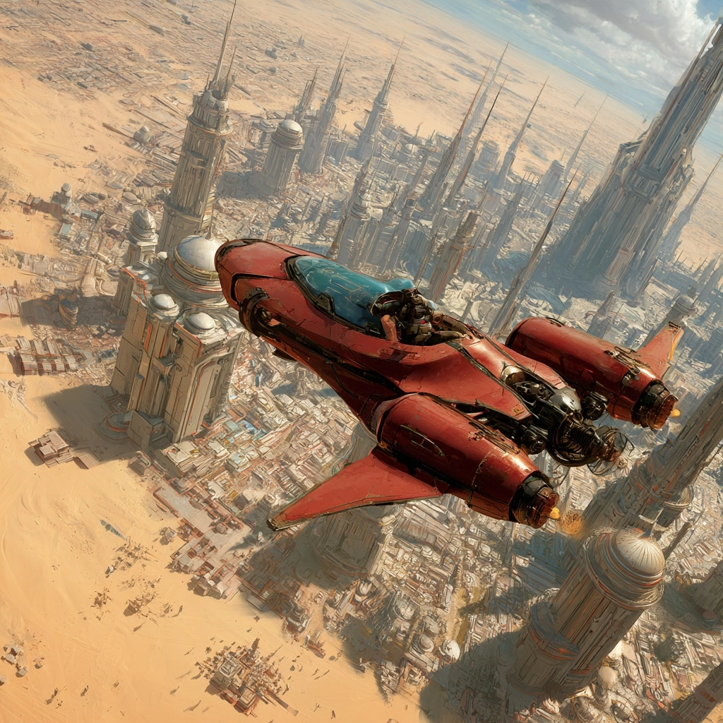 A sci-fi motojet flying over a desert city, in the style of stephan martiniere