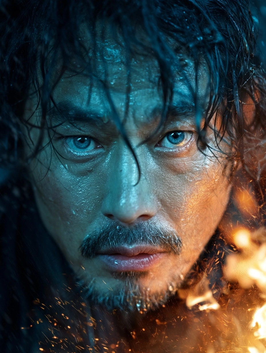 Extreme Close-up of a Rugged Man Between Fire and Rain