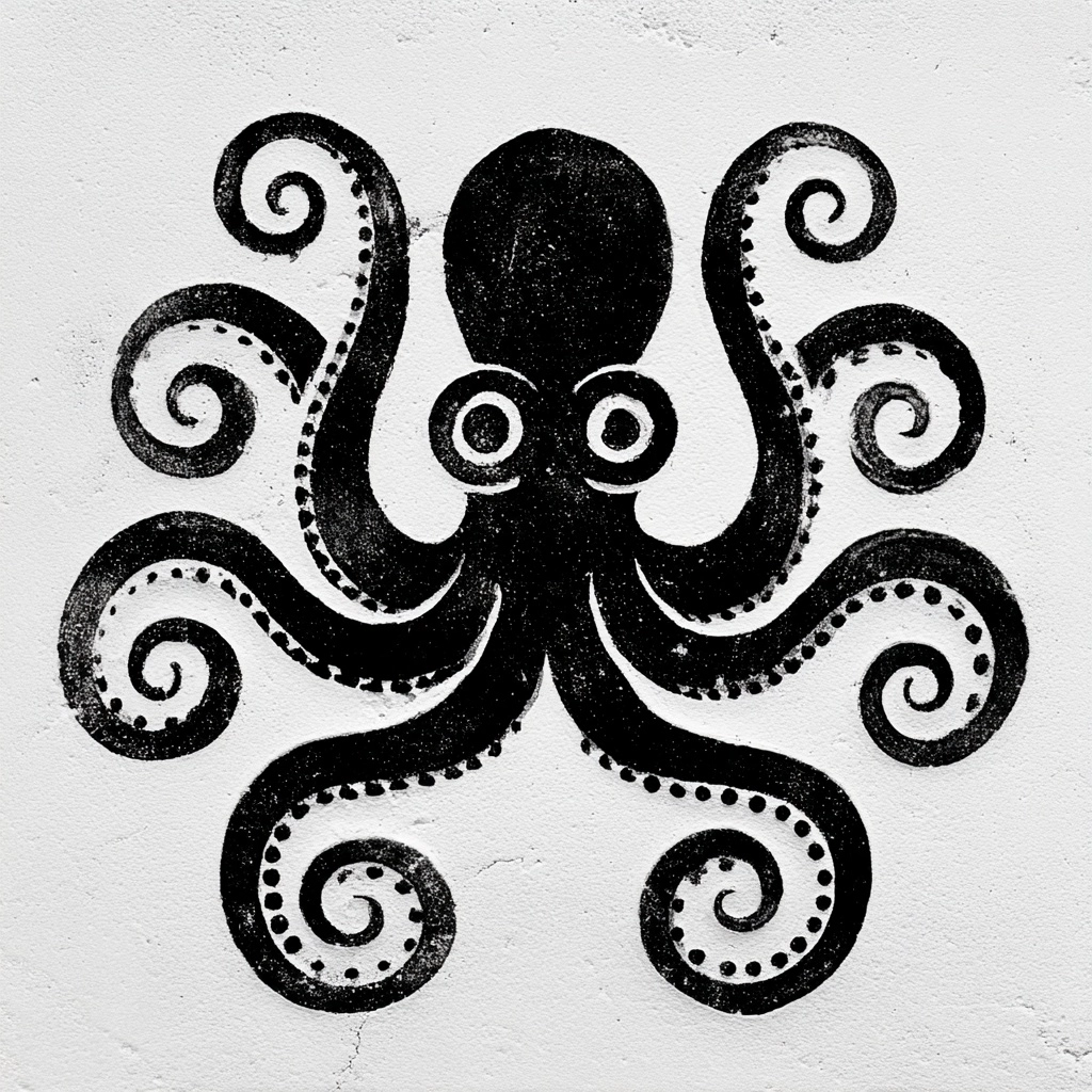 Museum catalog illustration like logo of a front-facing archaic Greek octopus