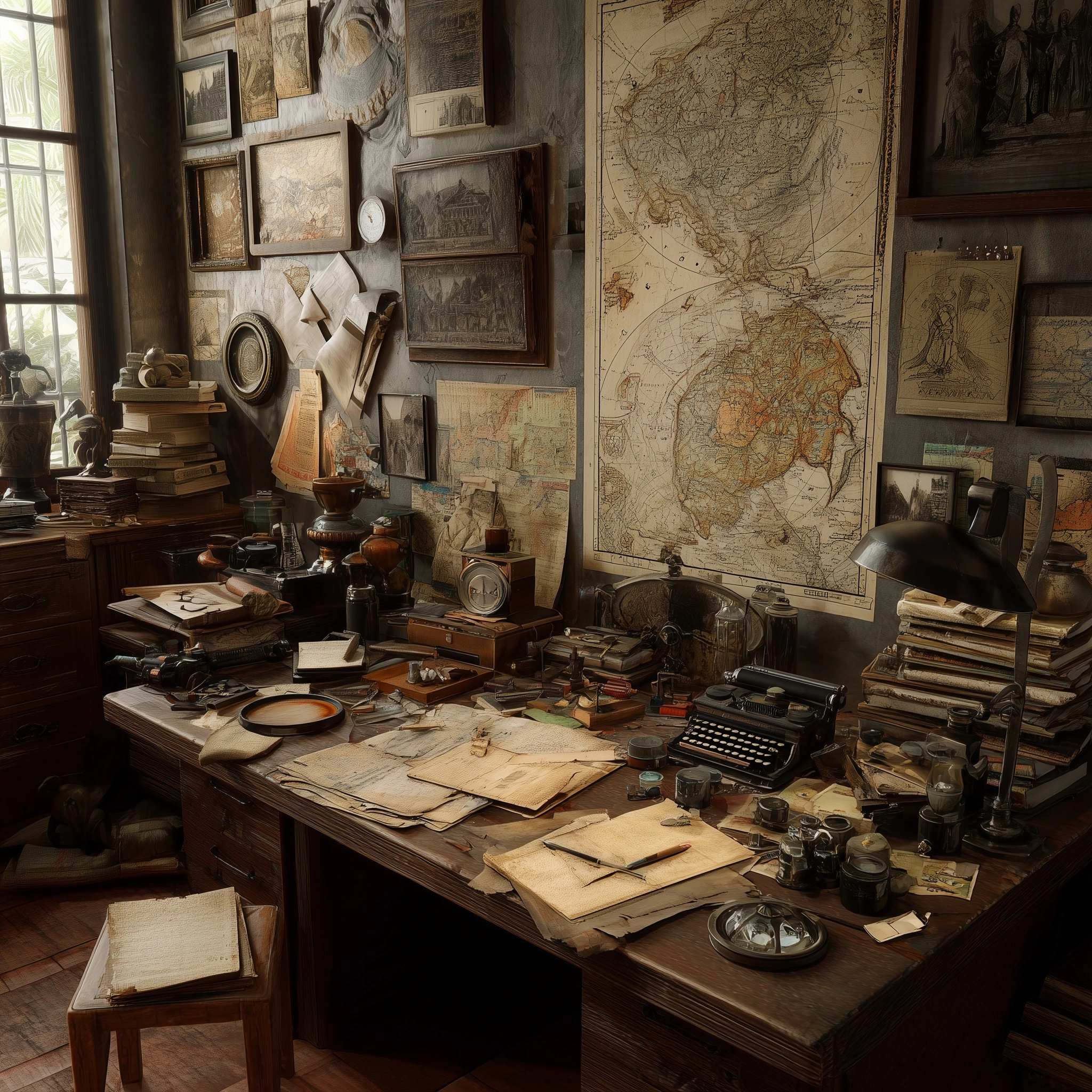 Photorealistic image of an archaeologists office. Old maps, artifacts, books papers, etc. dslr