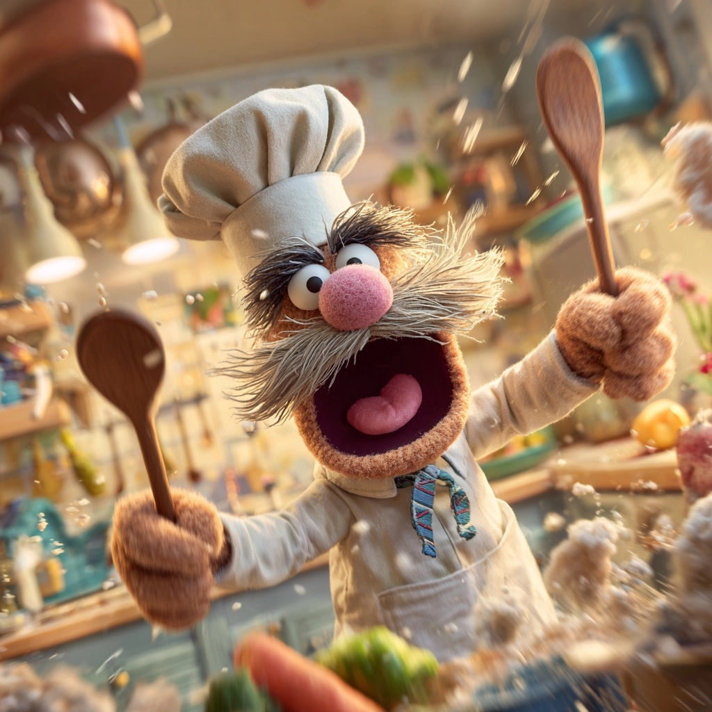 The swedish chef muppet, featuring a large curled mustache, bushy eyebrows