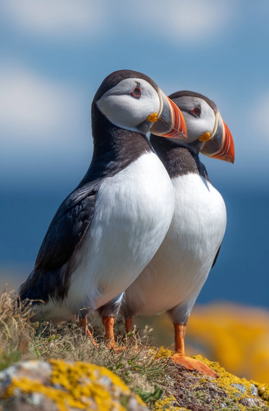 Two puffins, one standing on the other's back and holding its head with its beak