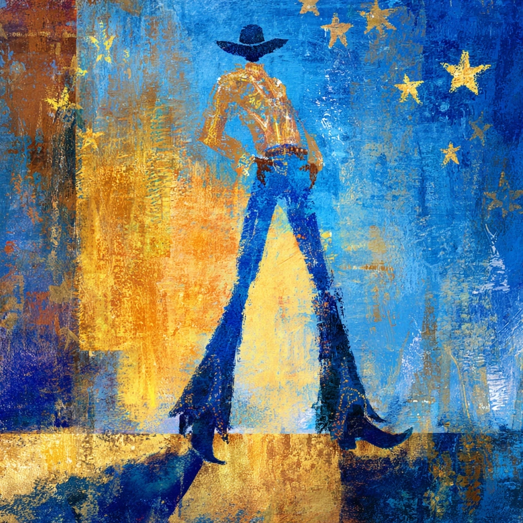 Viewed from a low-angle perspective, the image accentuates the cowboy's remarkably long legs and ove