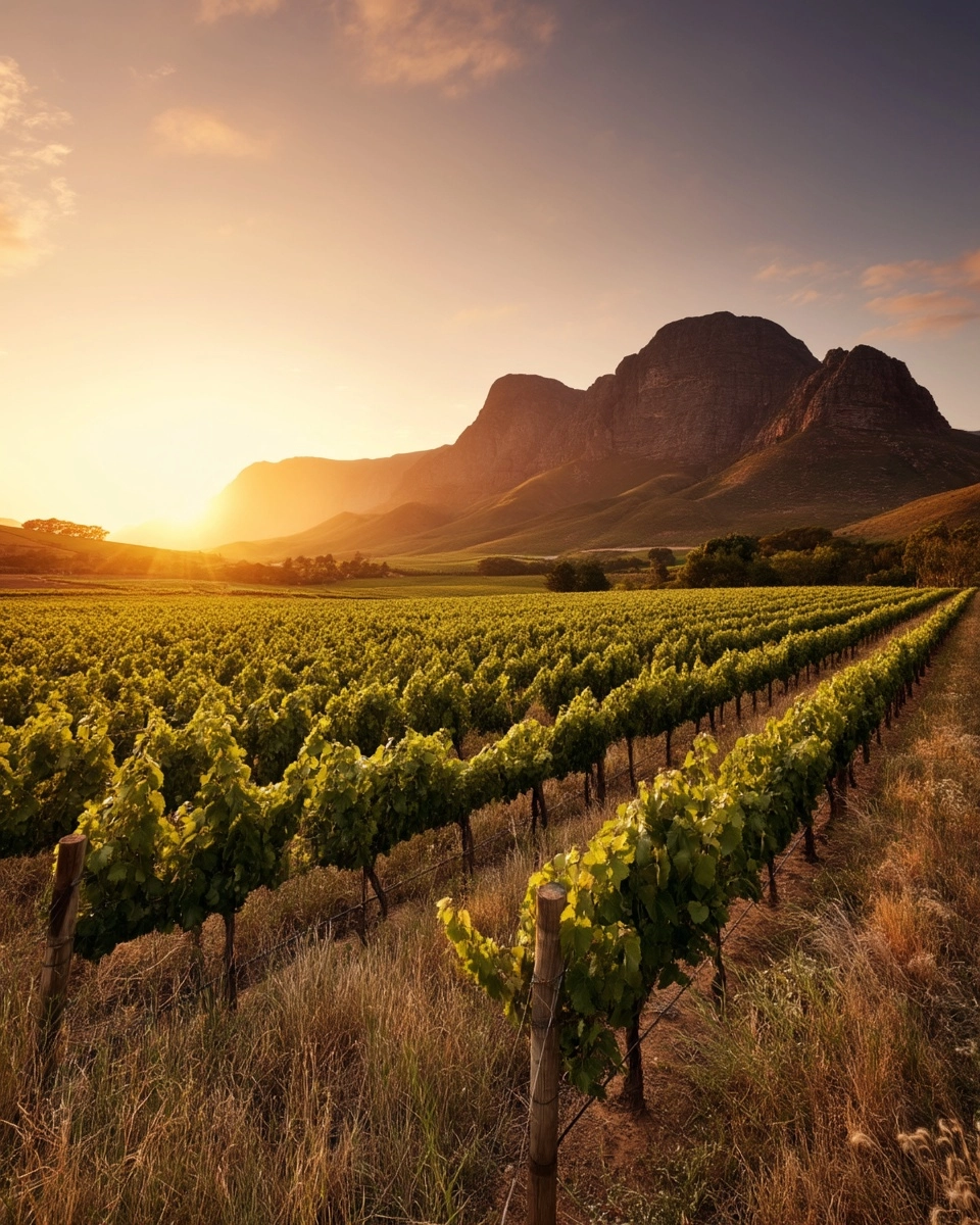 Wide angle landscape photography of South African wine estate, Cape Winelands