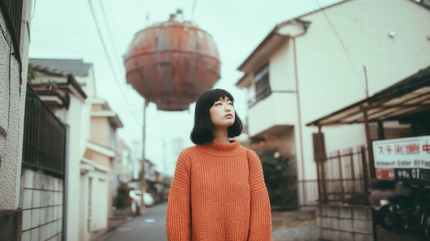A cinematic shot of a young woman standing in a Japanese suburban street