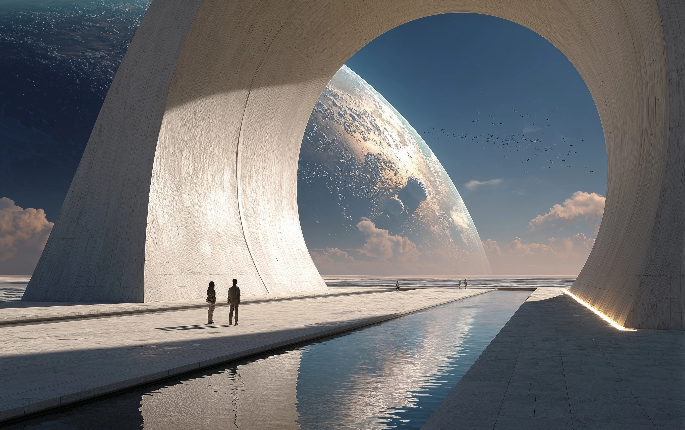 A cinematic, surreal photograph of a monumental, white textured futuristic architectural gateway