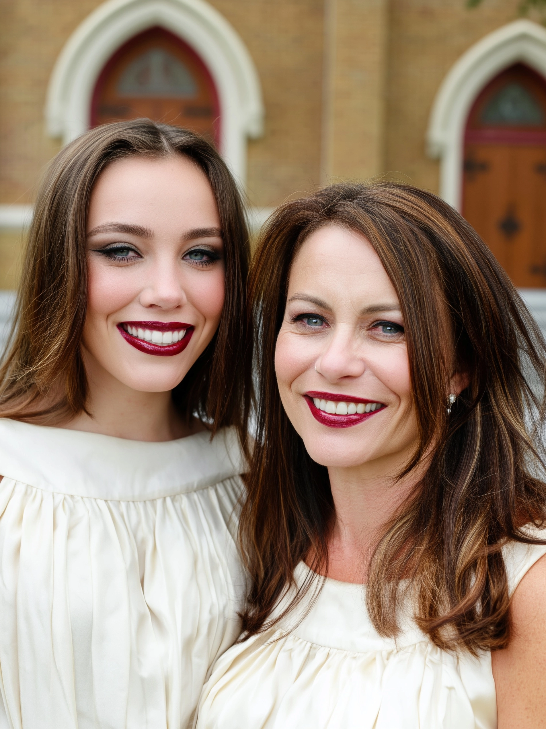 A mother and daughter smile and pose for an outdoor formal daytime portrait outside a Catholic churc
