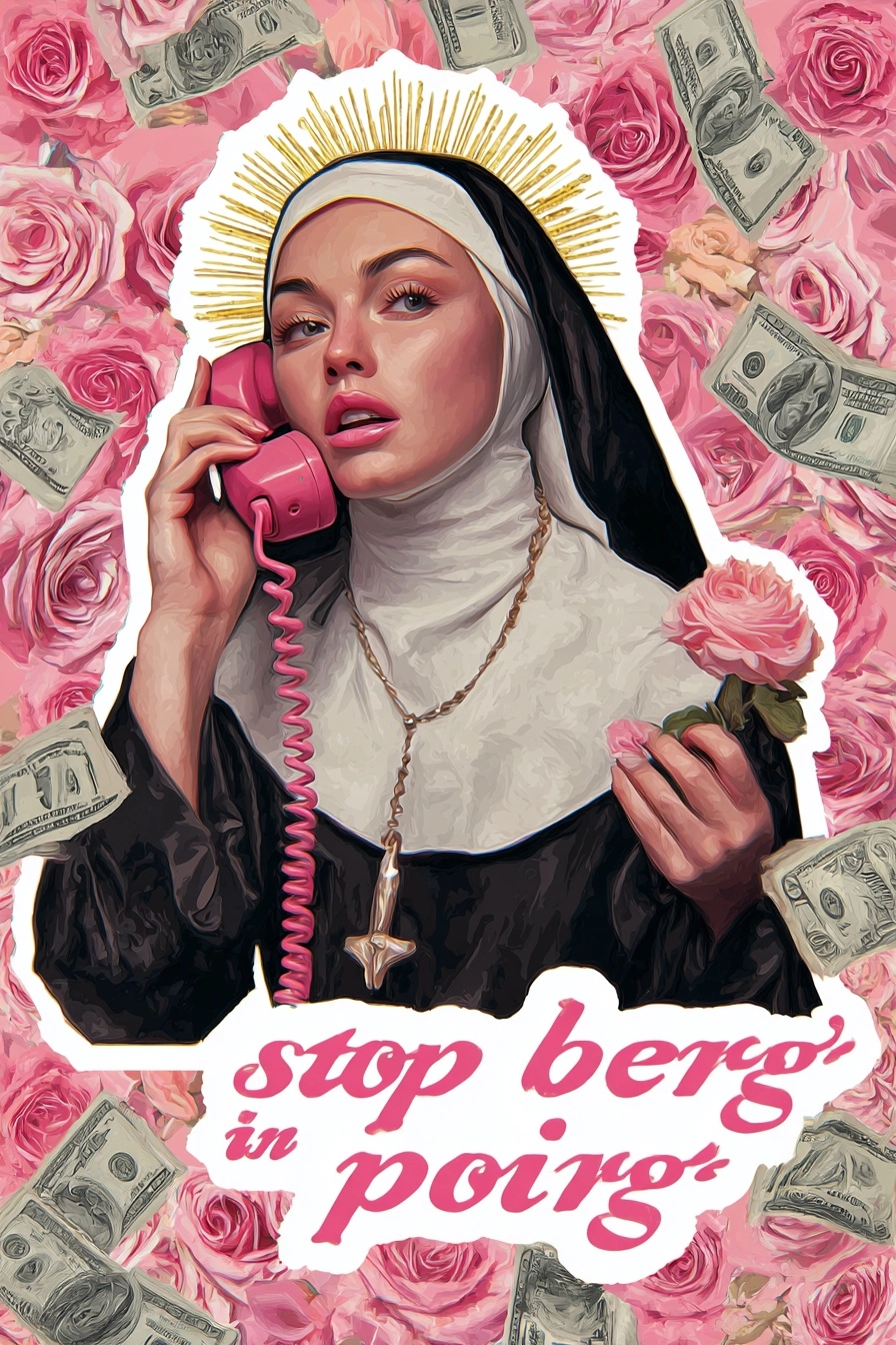 A sticker depicting an angry, beautiful nun on the phone, surrounded by money and pink roses