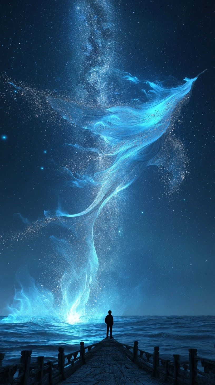A surreal digital artwork depicting a vast, boundless ocean beneath a night sky brimming with a glit