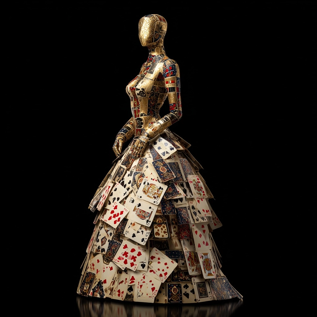 Full body, casino sculpture, dress made out of playing cards, lady luck, gold skin, black background