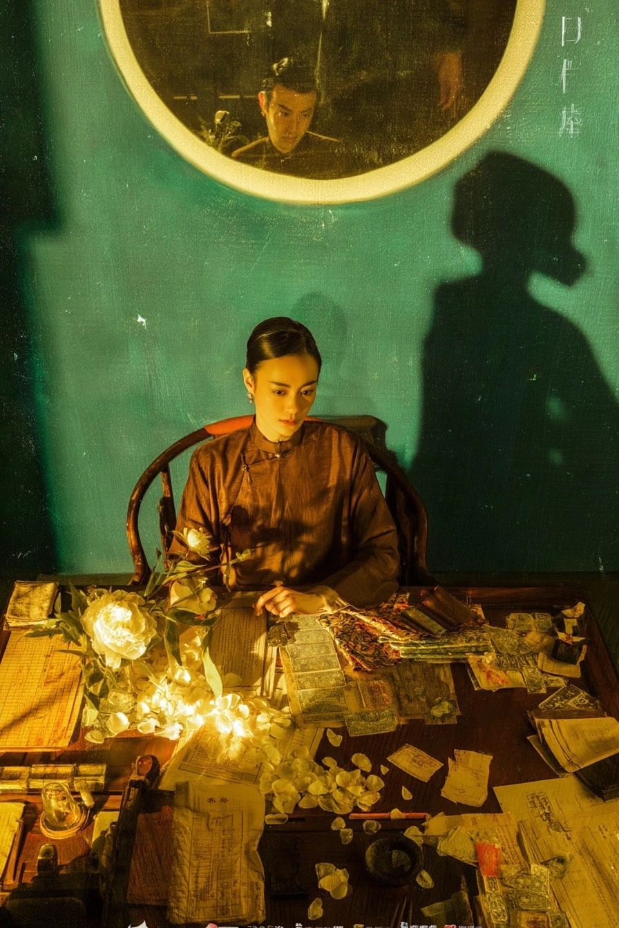 Late Qing dynasty romantic business drama movie poster, slightly top-down view