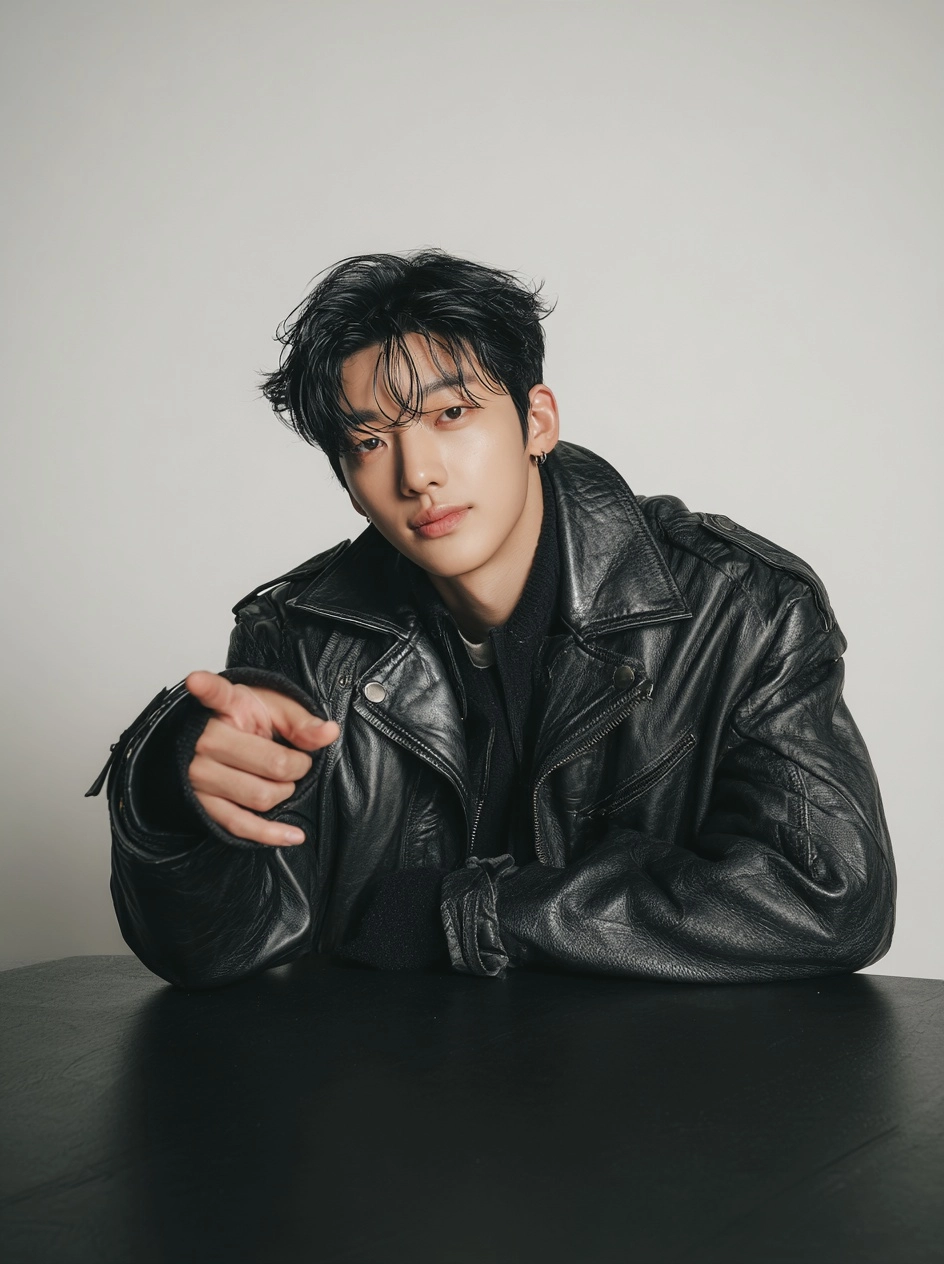 In the other photo, a dark-haired South Korean pop idol, wearing a leather jacket