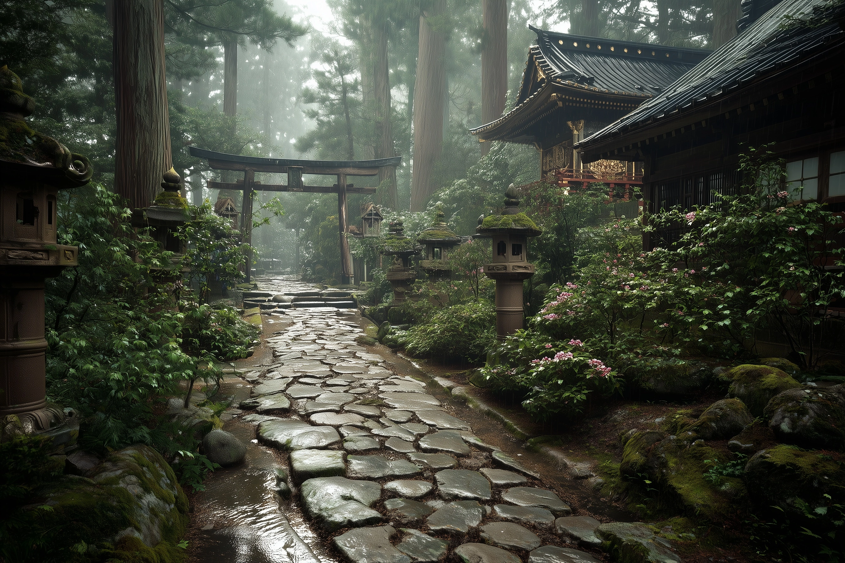 Light rain at traditional japanese shrine, wet stone path, soft mist, calm peaceful atmosphere
