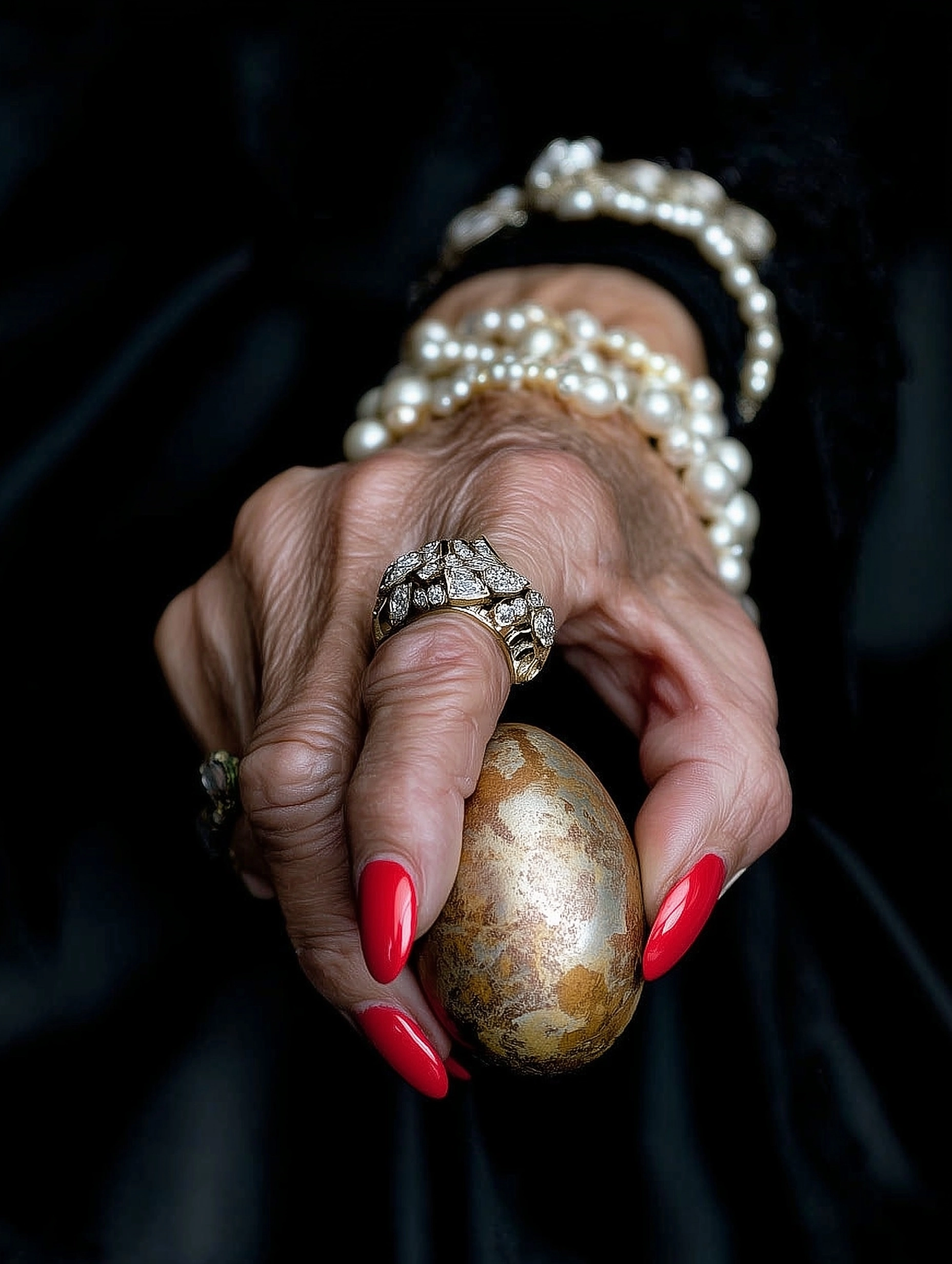 Old womens hand with expensive jewellery with pearls and diamonds, red nails