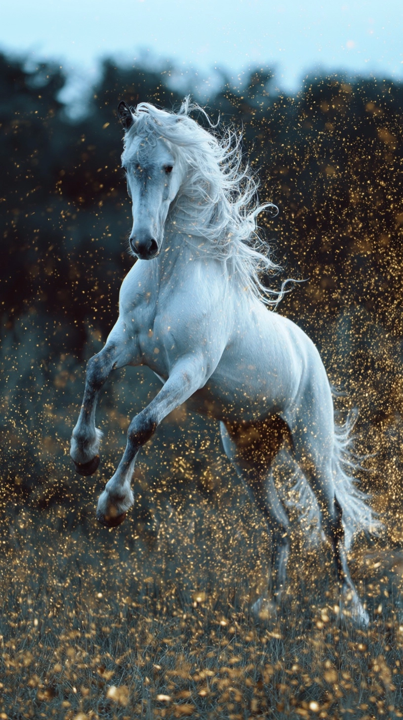 Photograph of a magnificent horse levitating in the air in the evening surrounded by glowing firefli