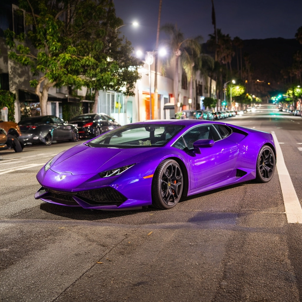 Purple crashed lamborghini in a los angeles street at night