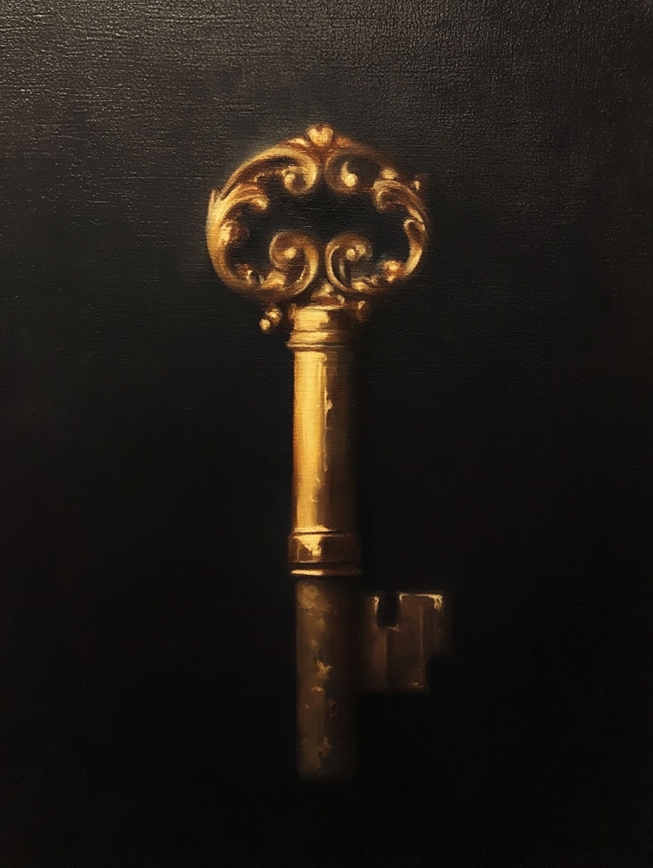 Single antique brass skeleton key, ornamental baroque scroll bow, realistic oil painting style
