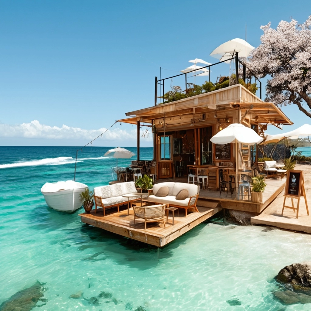 Under a clear blue sky, a retro-modern wooden cafe stands on a Hawaiian beach. Outdoor seating featu