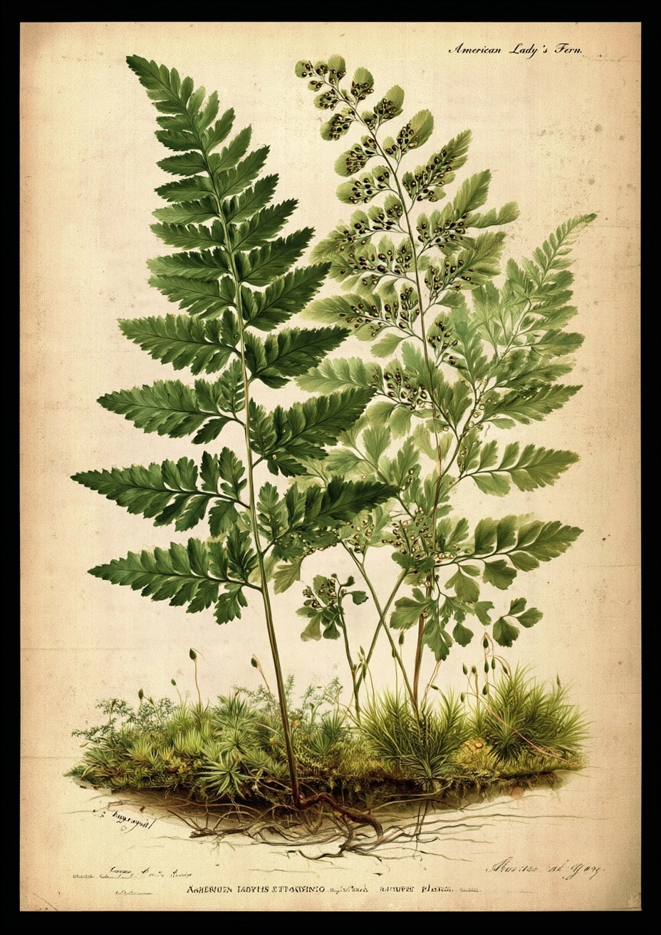 Vintage botanical illustration, "subscribe to my channel for more illustrations of ferns and other p