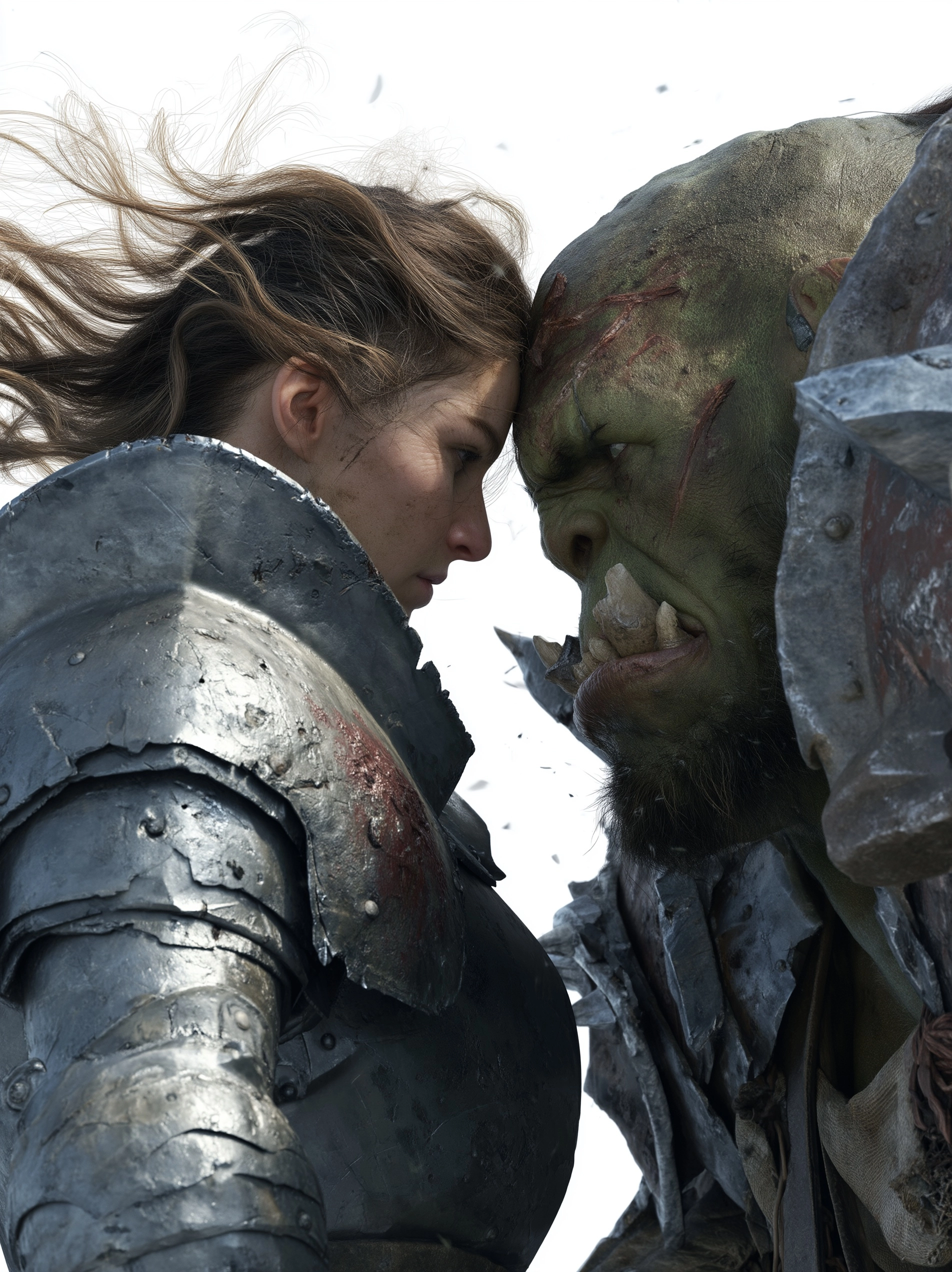 A cinematic ultra-realistic close-up confrontation between a female knight and a massive orc