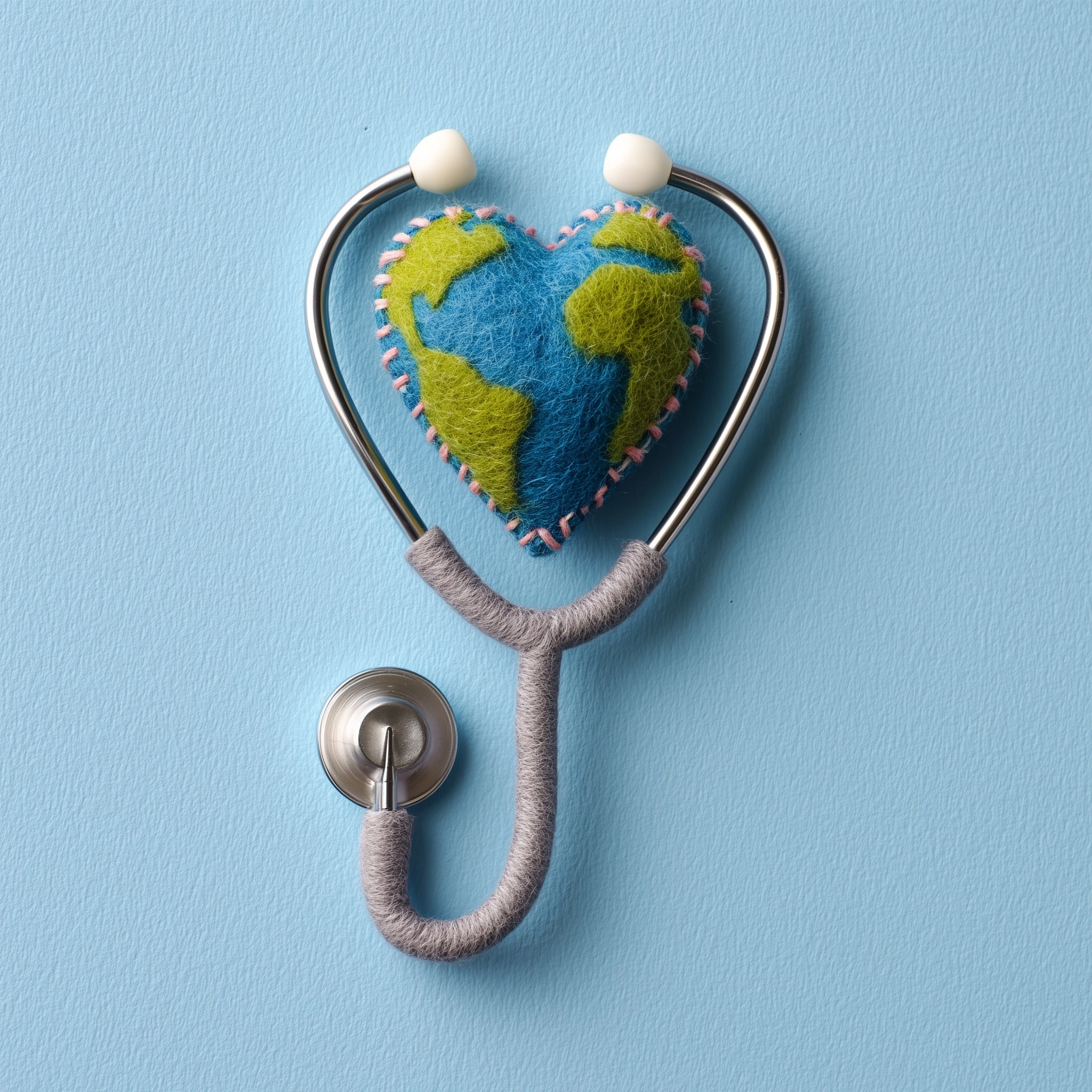 A heart-shaped earth made with felt fabric and stitched border