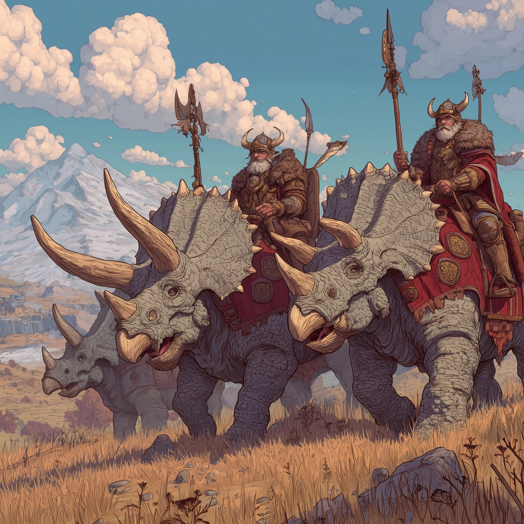 A viking war party marching towards 3 trriceratops