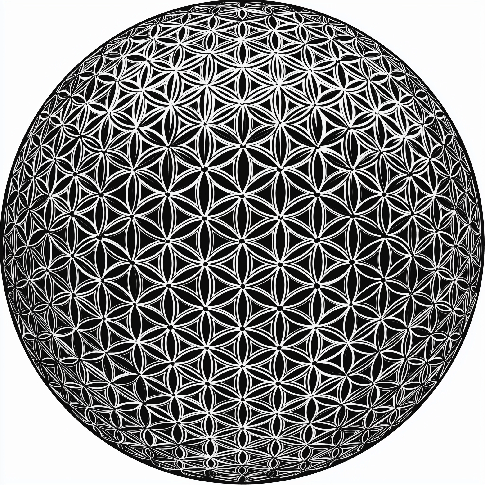 Create clean, high contrast vector line art of a golf ball with dimples in the shape of the flower o