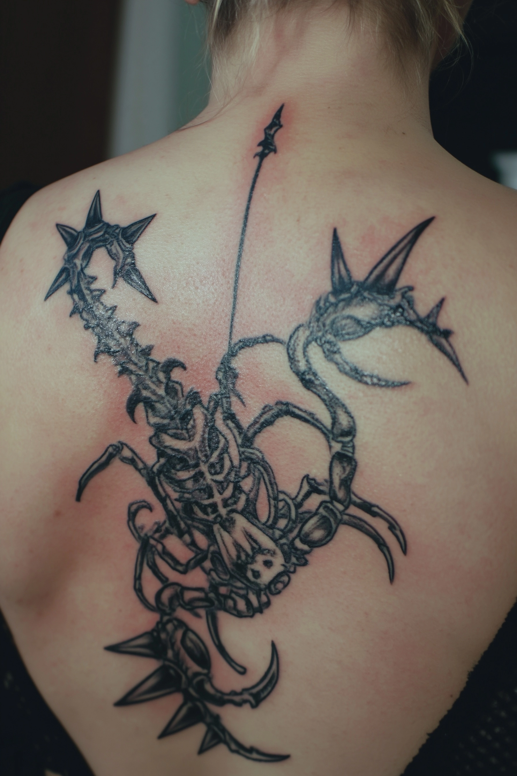Gothic spiked scorpion tattoo on womans back.