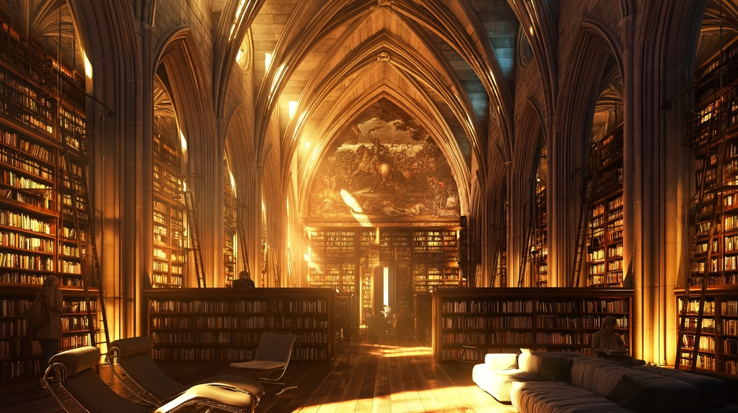 Grand gothic library interior, massive stone cathedral architecture, symmetrical composition