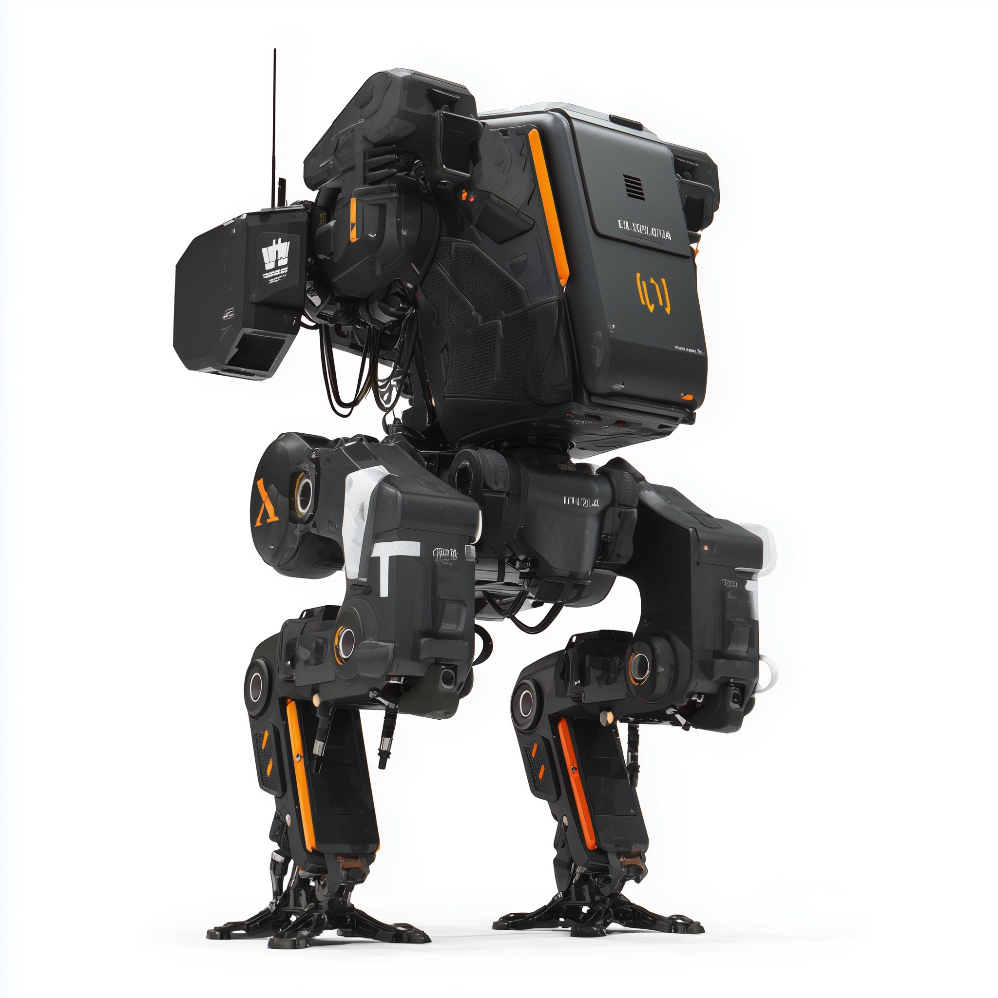 , hard surface, military robot, matte black textures, white and orange accents