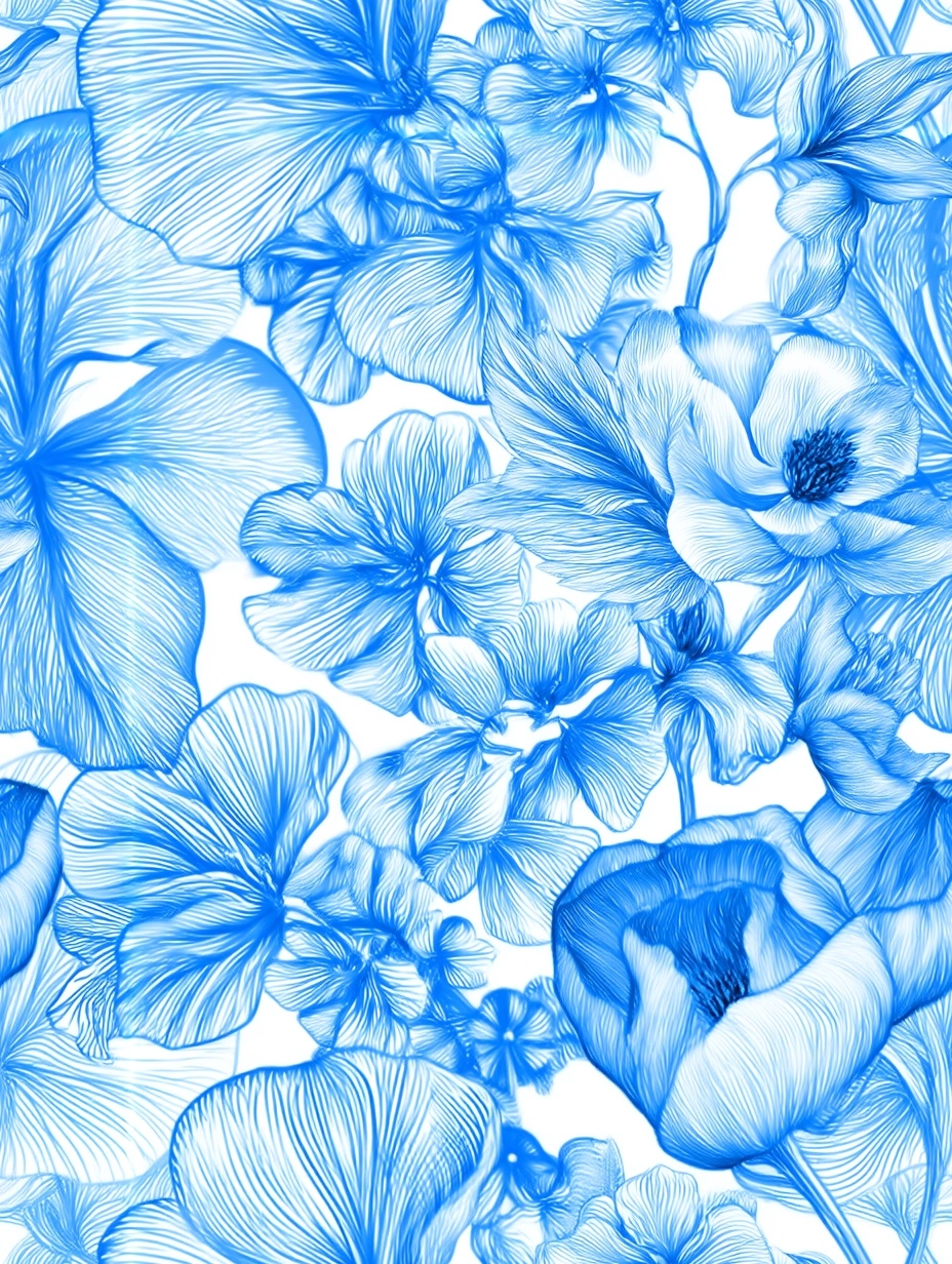 Light Blue and White Floral Pattern, Seamless Delicate Floral Toile Line Art Pattern PNG