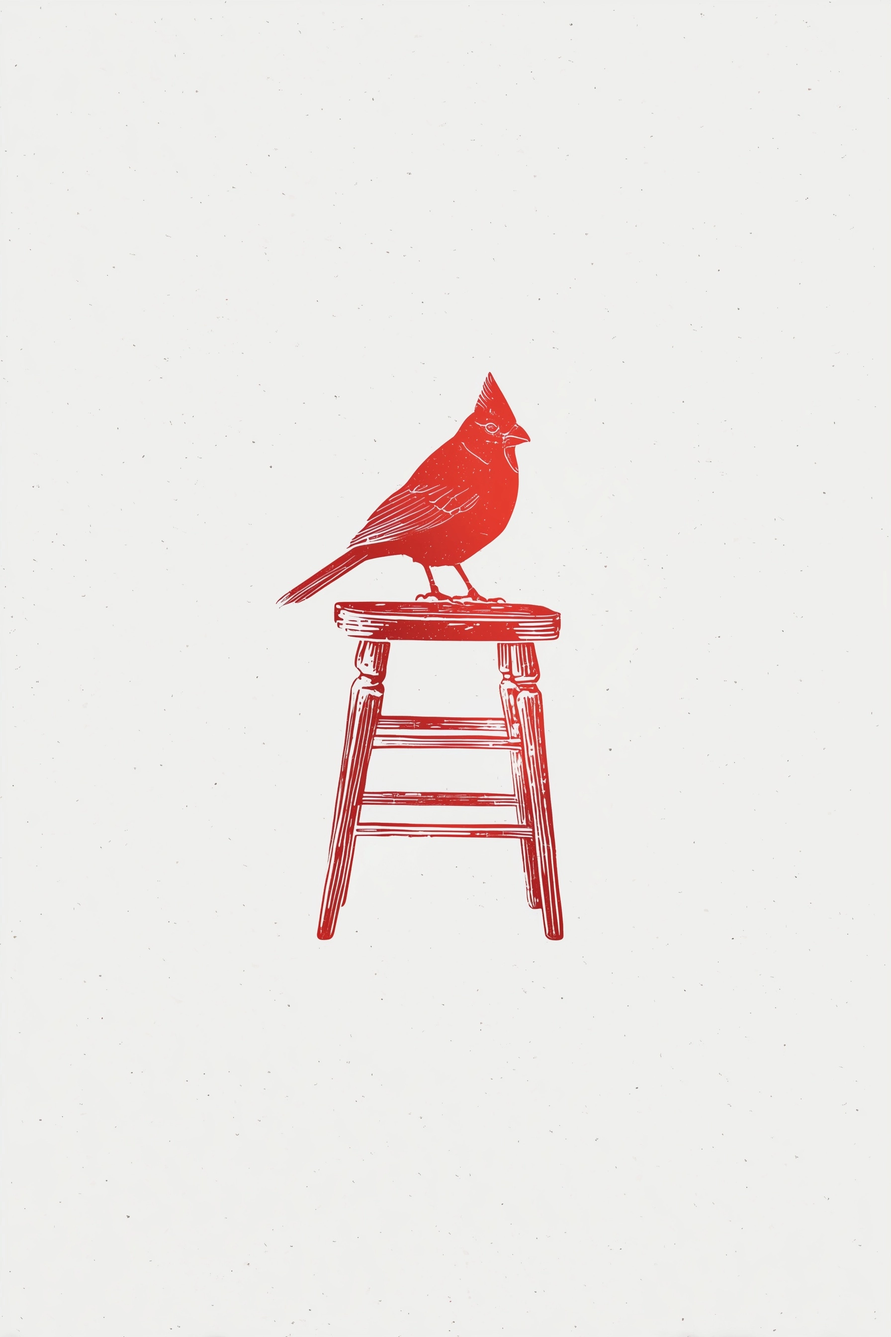 Linocut logo of a cardinal sitting on the back of a chair, minimalistic, white background, abstract