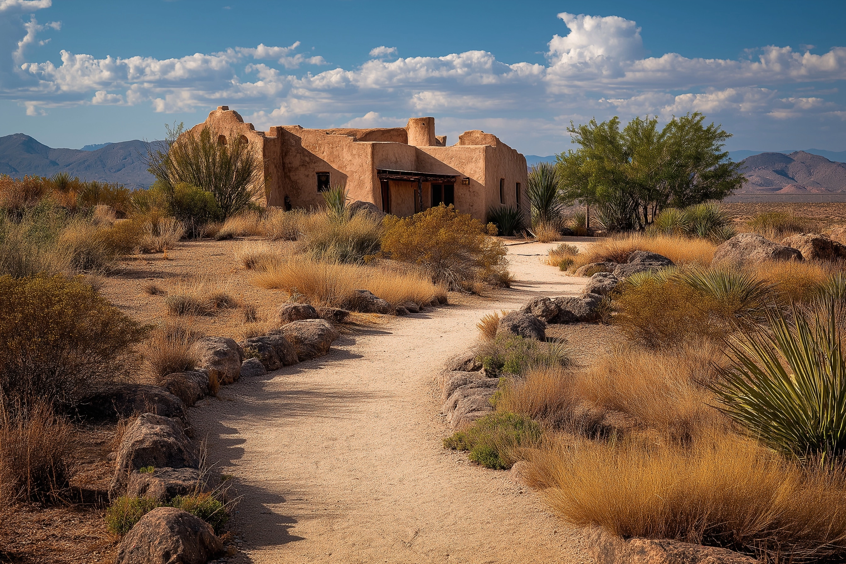 Long winding path leading through the desert to an old adobe home in the southwest.