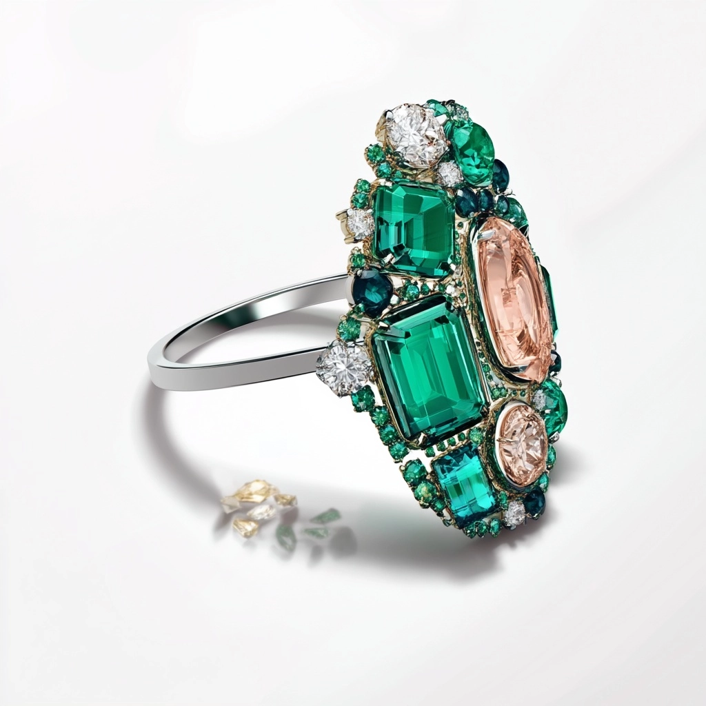 Minimal woman ring realistic render, a luxurious ring, gemstones emerald and rose quartz
