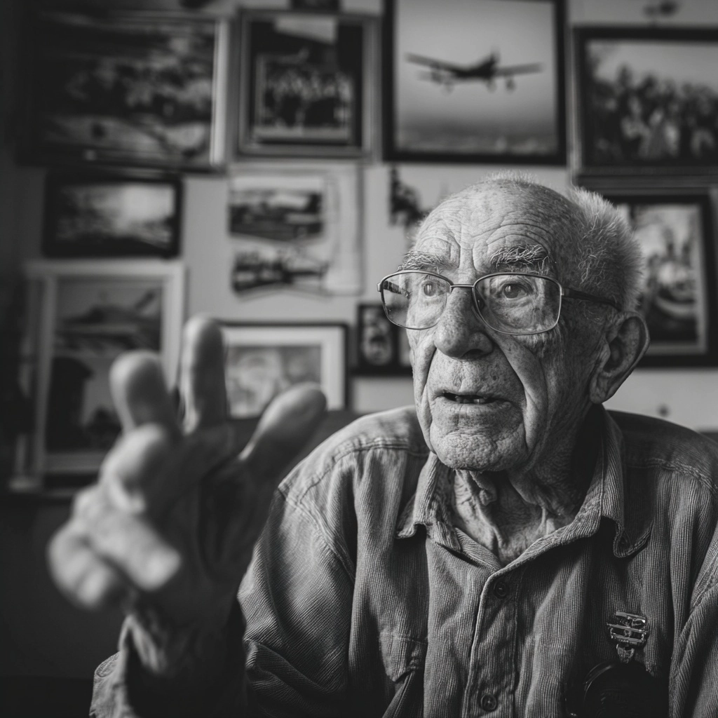 Photo of a grandfather speaking about his time in the service to his familiy