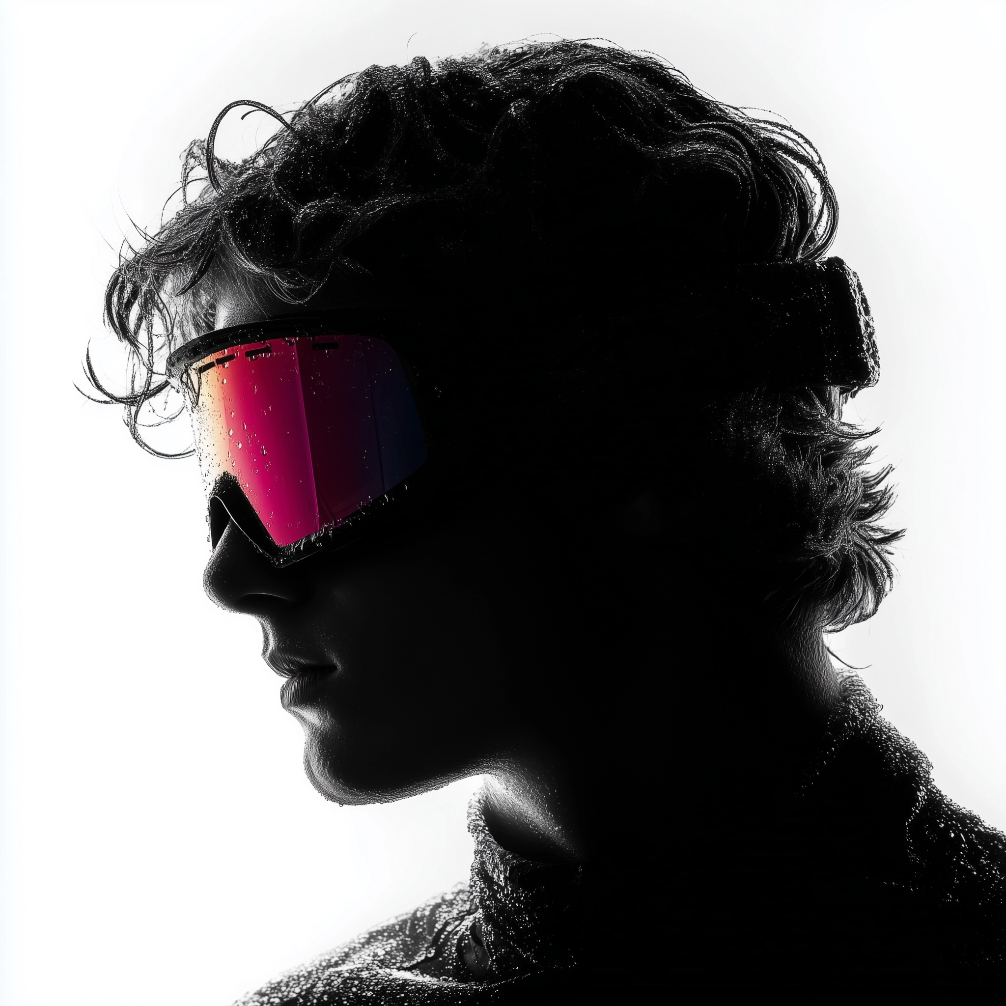 Silhouette portrait of a young man with short wavy hair, studio photography