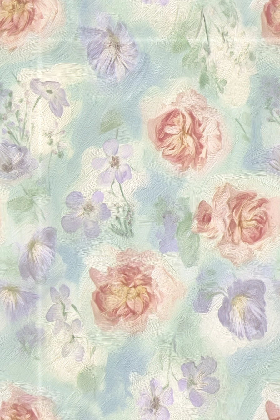 Soft pastel oil painting floral pattern, romantic garden roses and delicate blossoms floating across