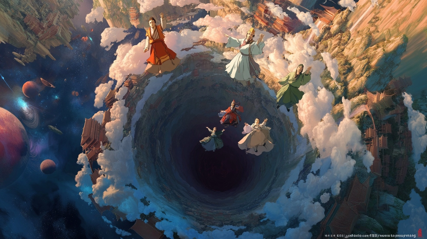 From an overhead perspective, five Chinese mythological figures are floating in the air. Below them